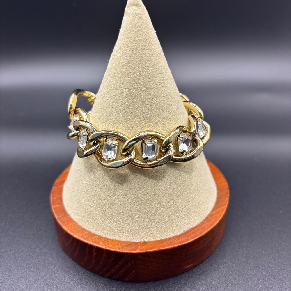 Gold‎ Tone Emerald Cut Crystal Curb Chain Adjustable Bolo Bracelet Clear Stones